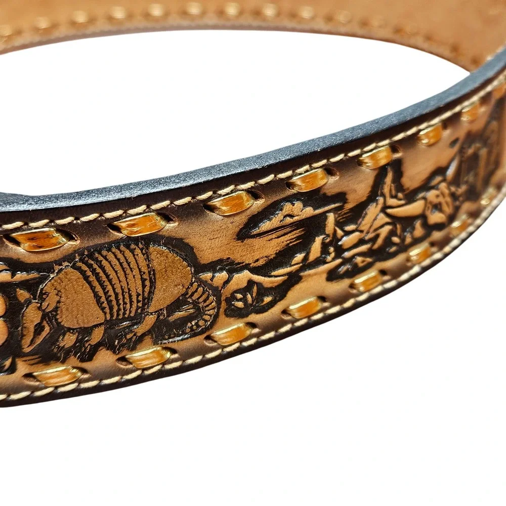 Ranch Pal Mens Brown Tooled Leather Western Belt Armadillo Steer Skull Size 34